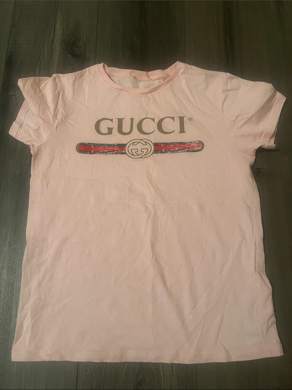 Gucci Pink Logo Tee with Red & Green Stripe - Kids